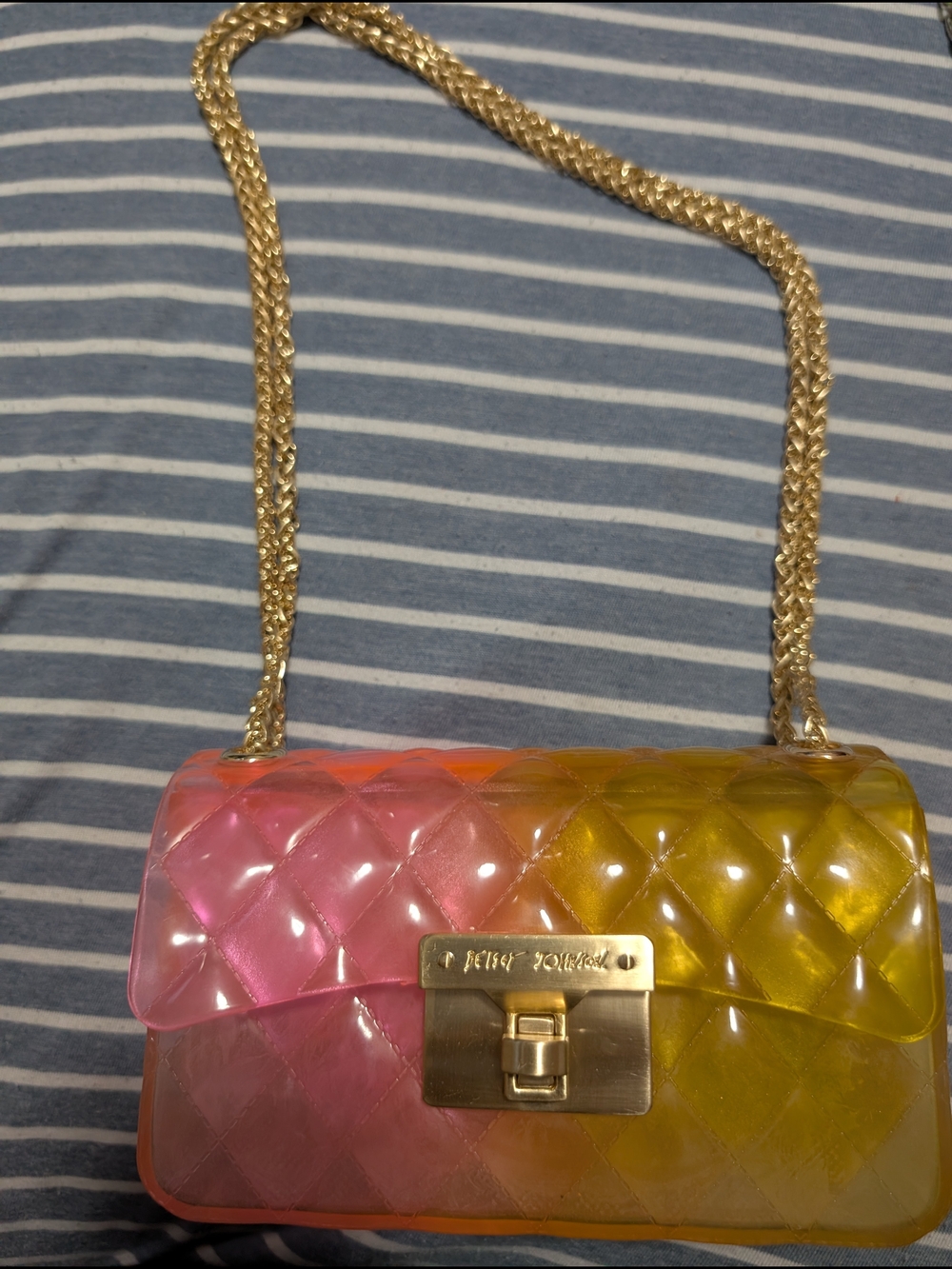 Betsey Johnson Pink and Yellow Ombre Quilted Jelly Crossbody Bag with Gold Chain